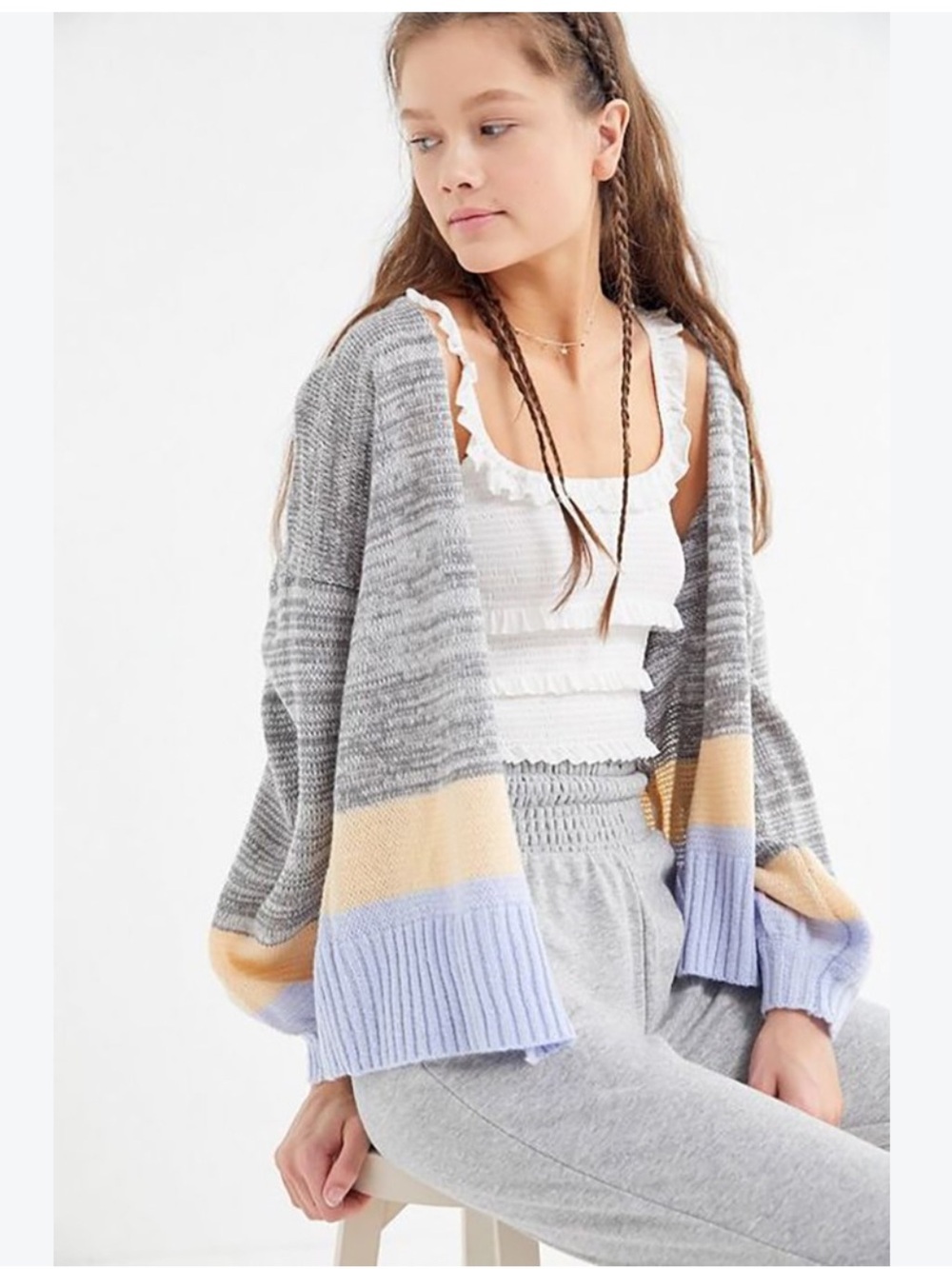 Urban Outfitters Gray Open Cardigan with Pastel Blue and Peach Bands